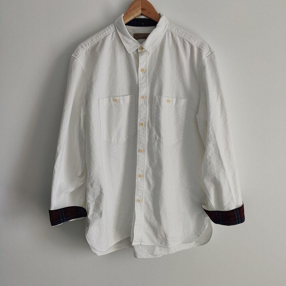Burberry London Shirt Mens 2XL White Nova Check Flip Cuff Pockets Button Front